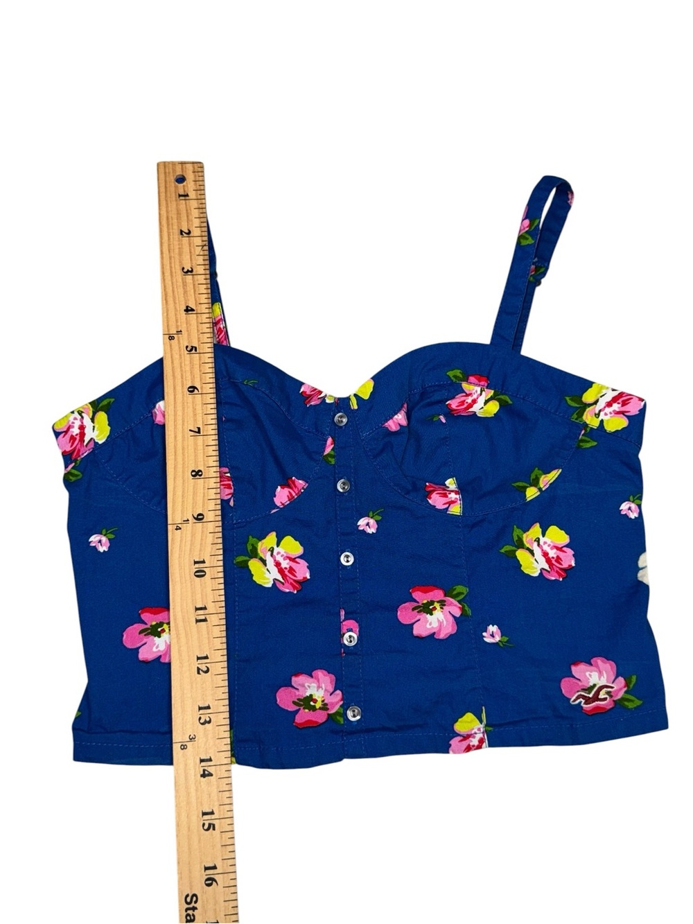 VTG Hollister Floral Crop Top XS Blue Button Front Cami Sweetheart Neck Y2K - Picture 10 of 11